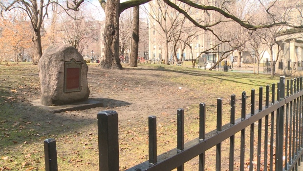 The Hochelaga Rock is placed on the lower field, acknowledging the history of McGill’s land.